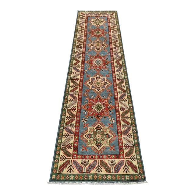 Kazak Runner 2’9” X 10′ Blue Wool Tribal Hand-Knotted Oriental Rug For Sale