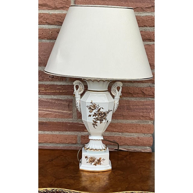 Swan Neck Porcelain Table Lamp with Fabric Shade from Gerold Tettau, 1950s, in Very Good conditions. Designed 1950 to 1959...