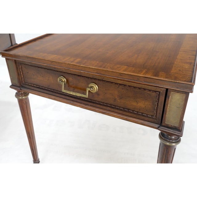 Pair Banded Top Fluted Tapered Legs One Drawer Low Profile End Tables Stands For Sale - Image 11 of 14