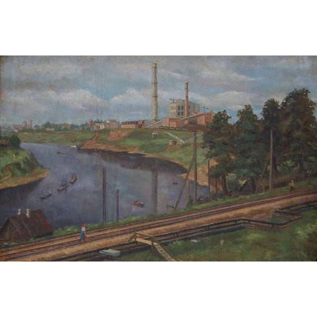 1970s Industrial Landscape Oil Painting, Ukrainian Art (60-93) For Sale