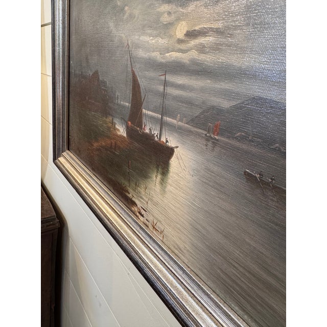 19th Century 19th Century Oil on Canvas "Sailin' Under Moonlight" For Sale - Image 5 of 9
