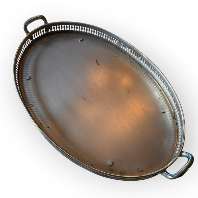 Hollywood Regency Vintage Silver-Tone Oval Pierced Gallery Tray With Handles and Feet For Sale - Image 3 of 11