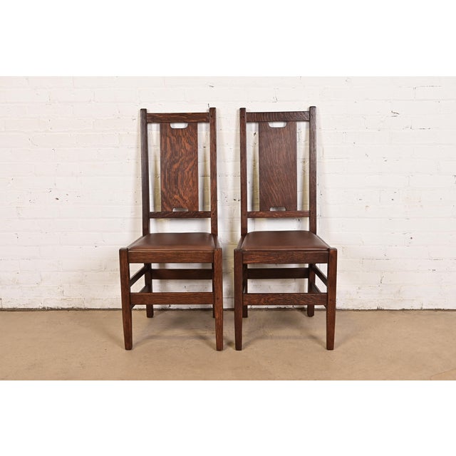 Gustav Stickley Antique Mission Oak Arts & Crafts H-Back Dining Chairs With Leather Seats, Pair For Sale - Image 12 of 12