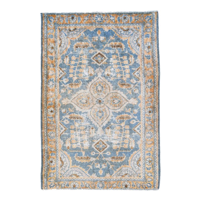 1960s Vintage Malayer Shabby Chic Handmade Floral Navy Blue Wool Rug For Sale