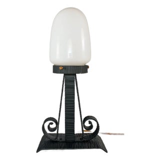 Vintage French Table Lamp in Wrought Iron with Opaline Shade, 1960s For Sale