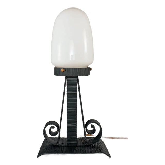 Vintage French Table Lamp in Wrought Iron with Opaline Shade, 1960s For Sale