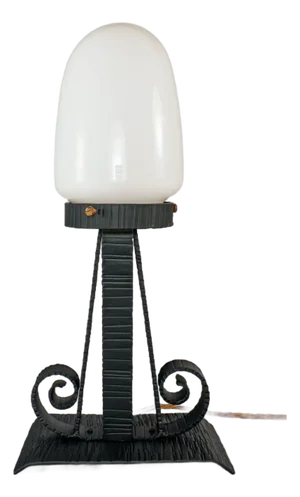 Vintage French Table Lamp in Wrought Iron with Opaline Shade, 1960s