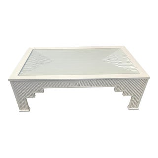 Pencil Reed Glass Top Geometric Rectangular Coffee Table Painted True White Dated 1970s Underneath For Sale