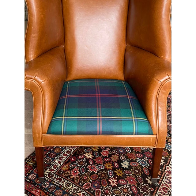 Ralph Lauren Custom Leather & Wexford Plaid Hepplewhite Wing Chairs a