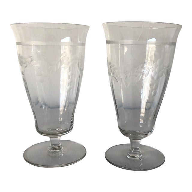 Vintage Floral Etched Glass Ice Tea Glasses - Set of 2 For Sale