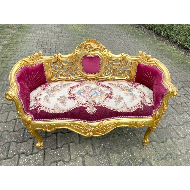 Late 20th Century Late 20c French Louis XVI Red Velvet Gilt Beech Settee For Sale - Image 5 of 13