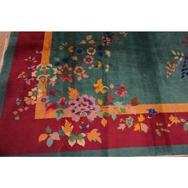 1920s Green Floral Antique Chinese Art Deco Rug 9' X 11'8" Handknotted Wool Carpet For Sale - Image 10 of 13