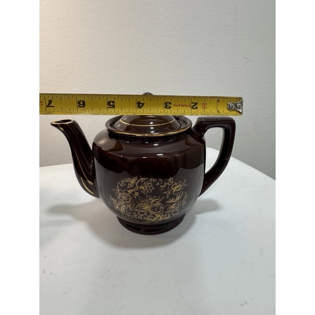 Vintage 1960s Brown Ceramic Teapot Gold Floral Design Lidded Mid Century Tea Pot For Sale - Image 15 of 15