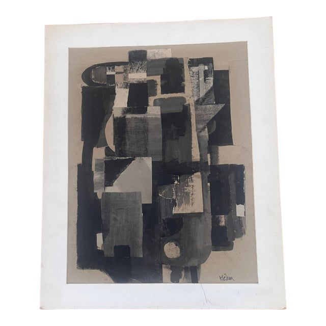 1960’s Cubism Style Black, Gray & Beige Abstract Mixed Media Collage by Kielm. For Sale
