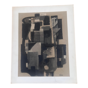 1960’s Cubism Style Black, Gray & Beige Abstract Mixed Media Collage by Kielm.
