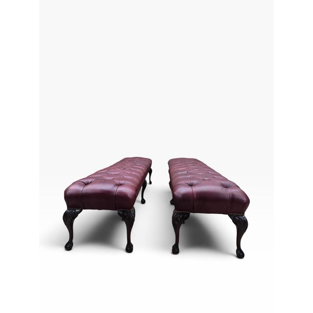 Antique Chippendale Style Carved Tufted Benches Newly Reupholstered in Burgundy Leather- Pair For Sale - Image 11 of 12