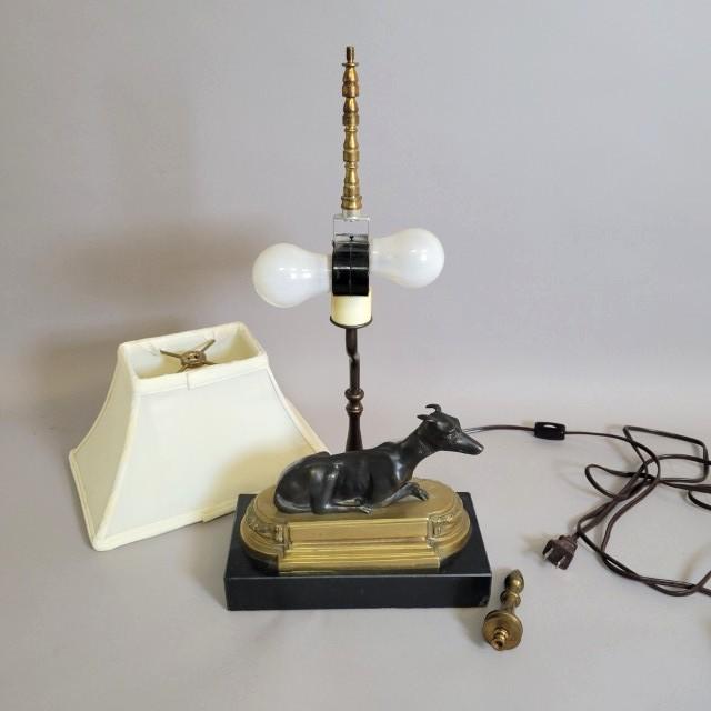 1980s Vintage Bronze Greyhound Dog Table Lamp on Marble Base With Shade For Sale - Image 5 of 7