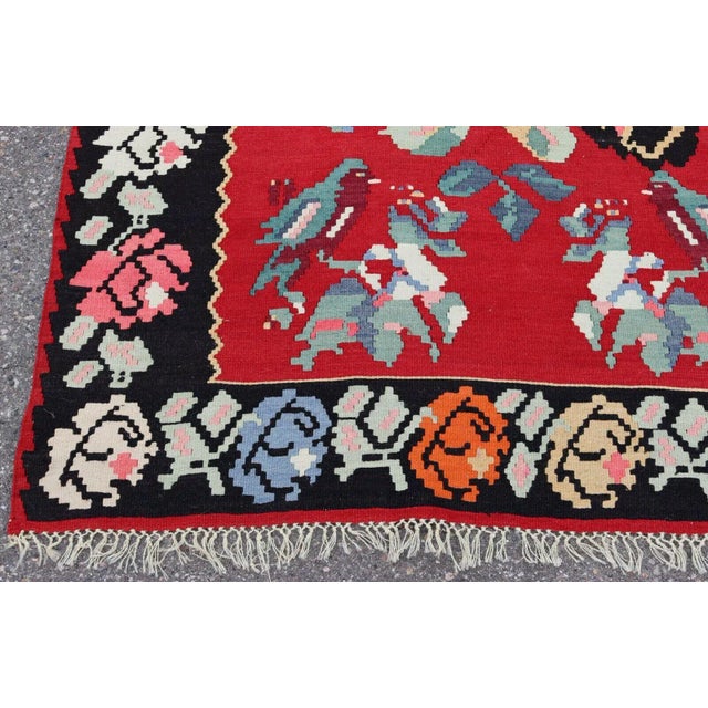 Mid Century Modern Kilim Wool Area Rug Red Hand Made in Turkey Floral Pattern For Sale In Detroit - Image 6 of 9