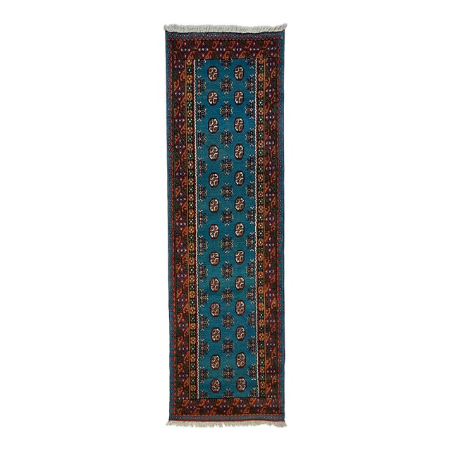 Blue Turkmen Style Tribal Runner Rug With Geometric Motifs, 2'9" X 9'4" For Sale