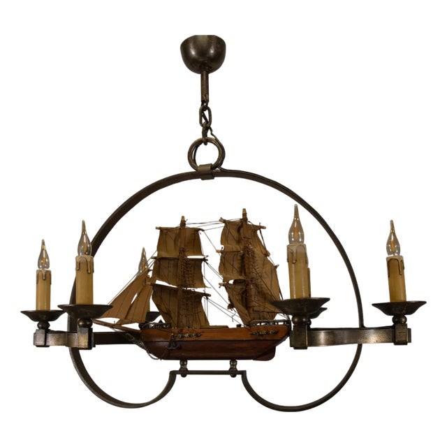 Mid-Century Wrought Iron Six-Light Chandelier with Ship, France, 1970s For Sale