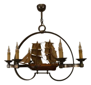 Mid-Century Wrought Iron Six-Light Chandelier with Ship, France, 1970s