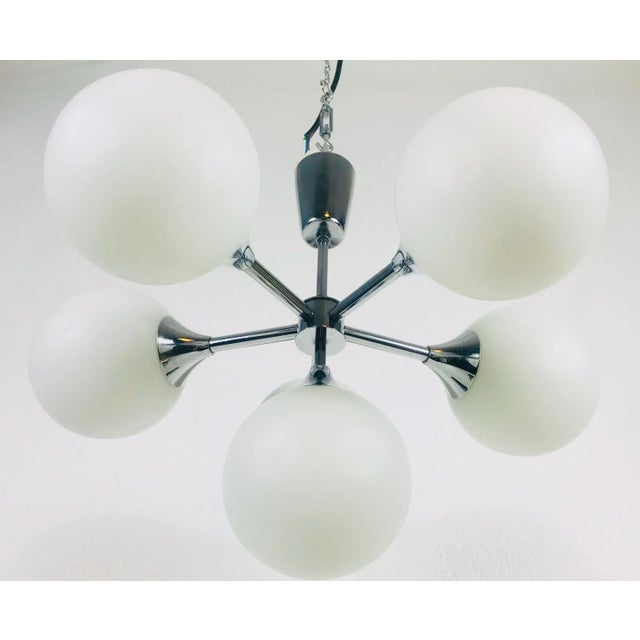 Chrome 1960s Mid-Century Modern Chrome and Opaline Glass Chandelier by Kaiser, Germany For Sale - Image 8 of 13