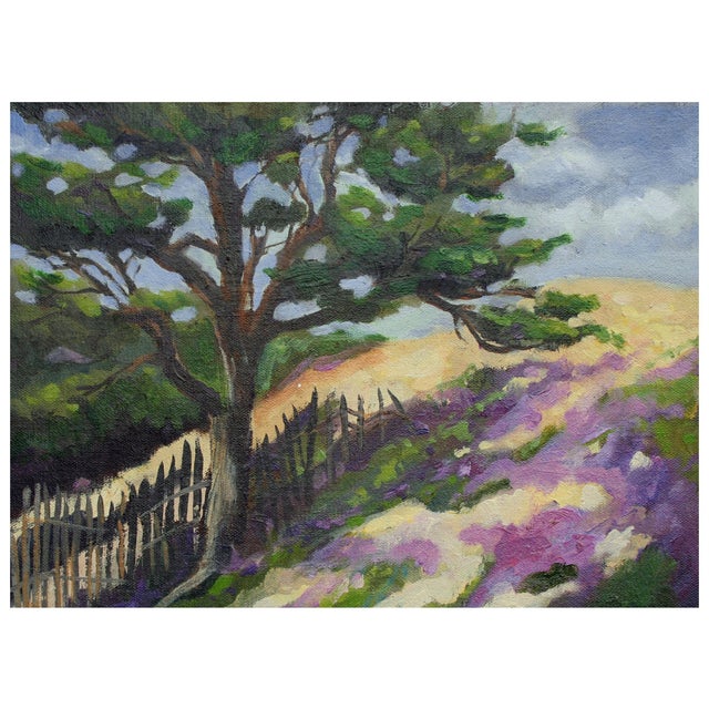 Beautiful California landscape of a tall cypress tree on a hilltop with soft green and lavender tones by Monterey artist...