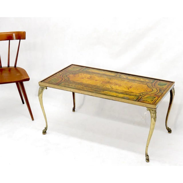Hollywood Regency Brass Frame and Legs Painted Marble-Top Rectangular Coffee Table For Sale - Image 3 of 13