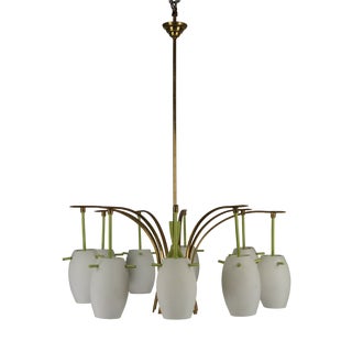 Mid-Century 9-Arm Brass Chandelier with Green Lacquer & Opaline Glass, Italy, 1950s For Sale
