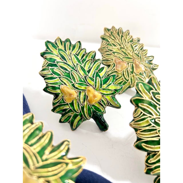 1980s Vintage Cloisonné Christmas Tree Napkin Rings With Golden Pears, Set of 4 For Sale - Image 5 of 9