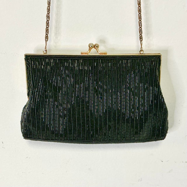 Metal 1980s Vintage Art Deco Hollywood Regency Hand Beaded Black Evening Handbag Clutch. For Sale - Image 7 of 11