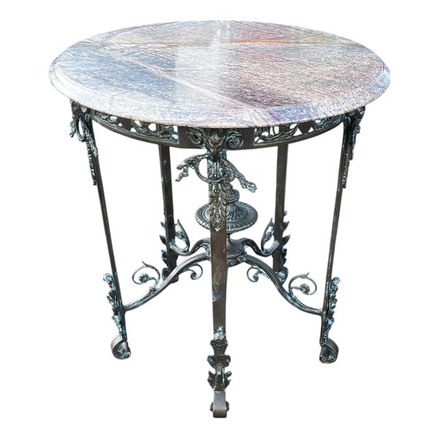 Antique French Louis XIV Style Bronze & Marble Round End Table For Sale