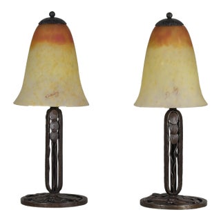 Pair of 1920s French Darboy & Daum Art Deco Orange & Yellow Glass Wrought Iron Table Lamps For Sale