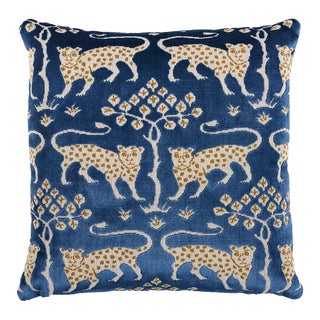 Schumacher Woodland Leopard Velvet 18" Pillow in Sapphire For Sale
