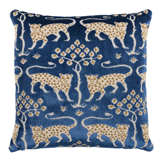 Schumacher Woodland Leopard Velvet 18" Pillow in Sapphire For Sale