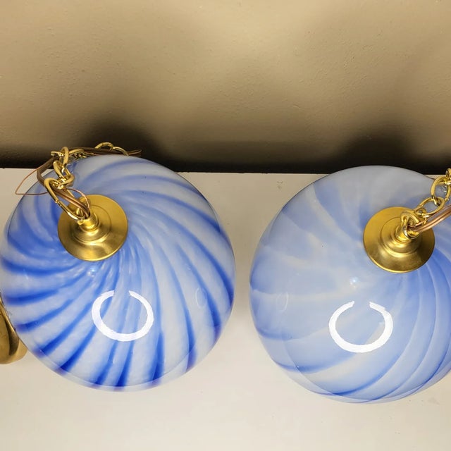Vintage Blue Swirled Hand Blown Pendants - a Pair For Sale In Austin - Image 6 of 9