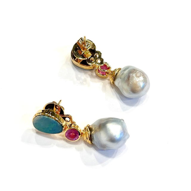 Bochic "Orient" Blue Opal, Pearl & Pink Ruby Earrings Set 18K Gold & Silver For Sale - Image 4 of 18