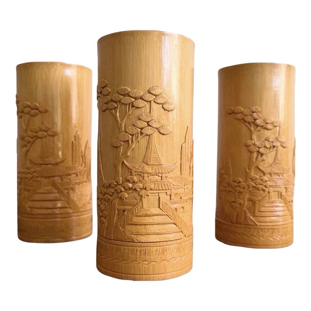 1970s New Old Stock Hand-Carved Bamboo Pagoda Asian Bud Vases — Set of 3 For Sale