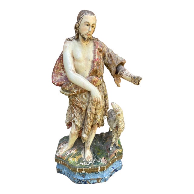 19th C. Polychrome Statue of John the Baptist With a Lamb For Sale