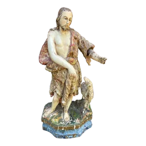 19th C. Polychrome Statue of John the Baptist With a Lamb