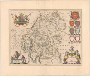 Hand-Colored Map of Westmorland, Northern England from Blaeu, 1645