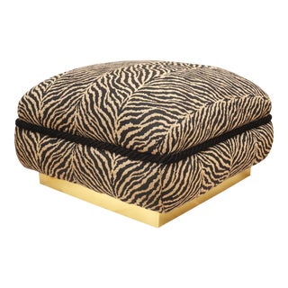Karl Springer Style Animal Print Pouf Brass Base Ottoman, C.1980 For Sale