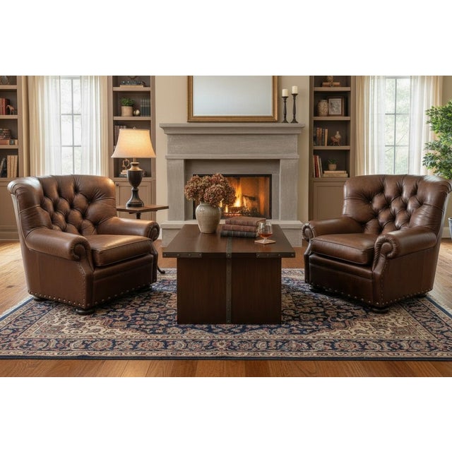This exceptional pair of Churchill-style leather lounge chairs embodies timeless English-inspired design with a refined,...
