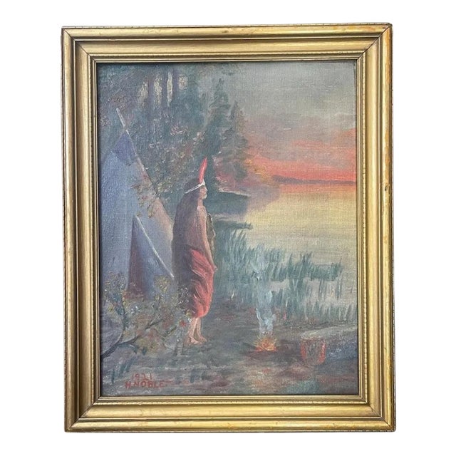 1921 Original Oil Painting by H. Noble – Native American Figure at Sunset – Antique Landscape Art For Sale