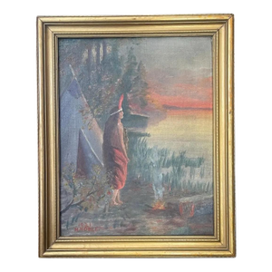 1921 Original Oil Painting by H. Noble – Native American Figure at Sunset – Antique Landscape Art