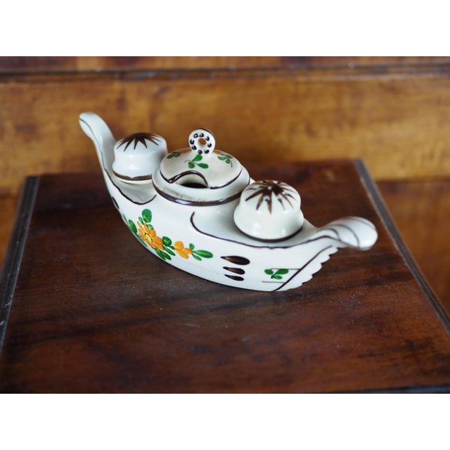 Mid 20th Ceramic Mustard Pot, Pepper Pot and Salt Cellar in the Shape of a Flowery Gondola For Sale - Image 4 of 12