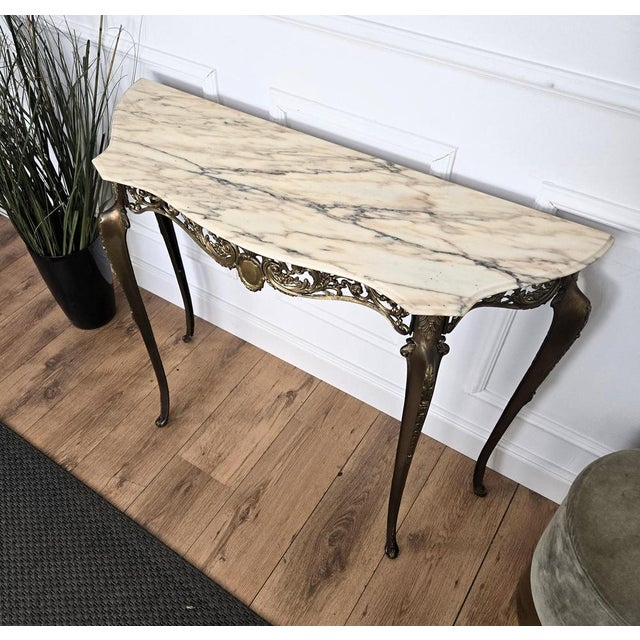 Mid-Century Modern Italian Brass Demilune Console Table with Marble Top, 1950s For Sale - Image 8 of 10