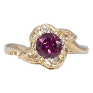 1.1Ct Purple Garnet Estate Ring With Natural Diamond: Solid 14k Gold, Size 6.75 For Sale