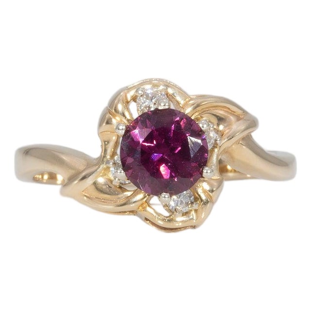 1.1Ct Purple Garnet Estate Ring With Natural Diamond: Solid 14k Gold, Size 6.75 For Sale