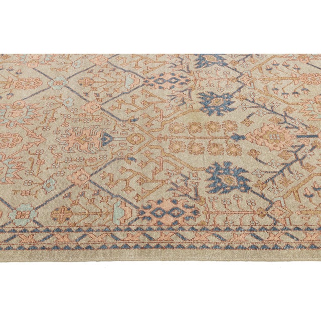 Peach Modern Tabriz Style Wool Area Rug – Muted Neutrals, Peach & Indigo Accent 12x15 For Sale - Image 8 of 12